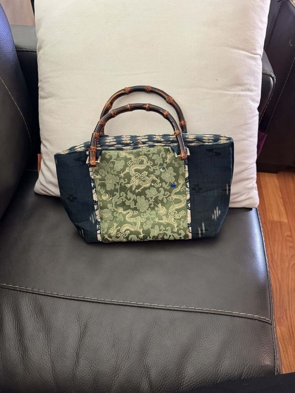 Handmade Bamboo Handle Tote Bag Green Dragon Brocade Ikat Blue